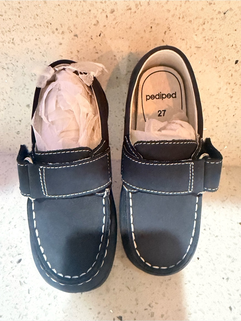 pediped Navy Kids Leather Velcro Dress Loafers